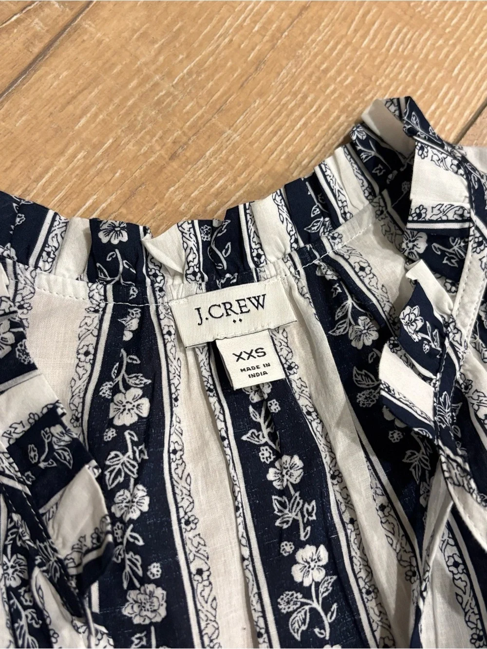 J.Crew Navy & White Floral Stripe Tiered Mini Dress XXS 100% Cotton Tassel Boho